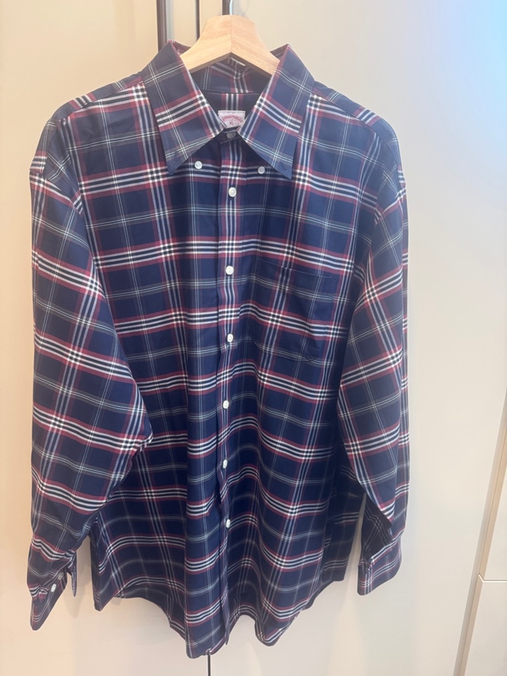 Brooks Brothers Navy Plaid Button-Down Shirt with Red and White Stripes